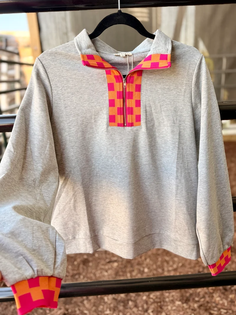 Grey Checker Contrast 1/4 Zip Sweatshirt