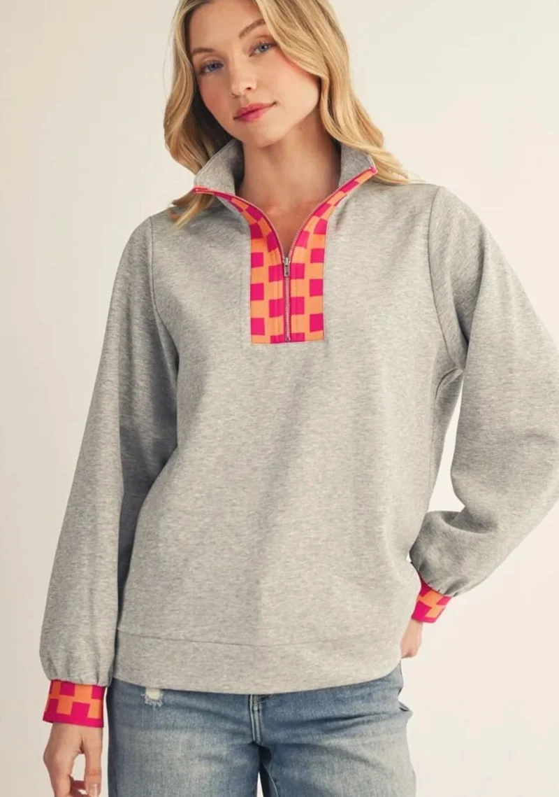 Grey Checker Contrast 1/4 Zip Sweatshirt