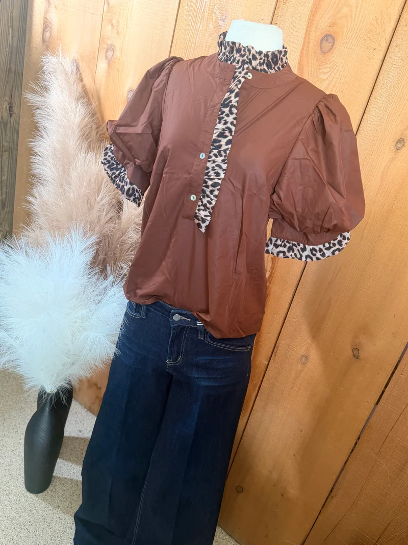 Leopard Trim Brown Puff Sleeve Top
