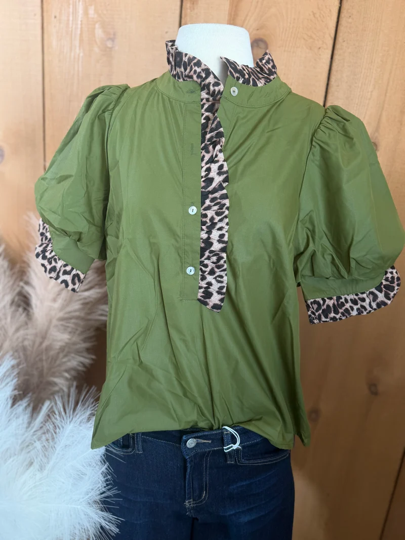 Leopard Trim Olive Puff Sleeve Top