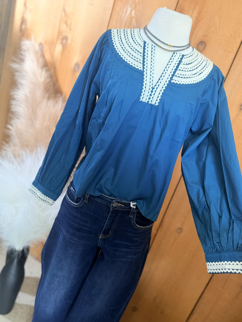 Ric Rac Embroidered Teal Top