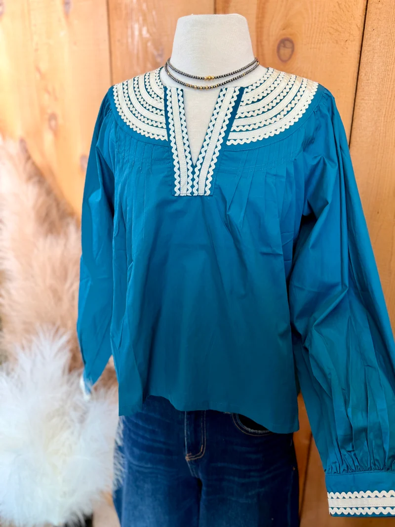 Ric Rac Embroidered Teal Top