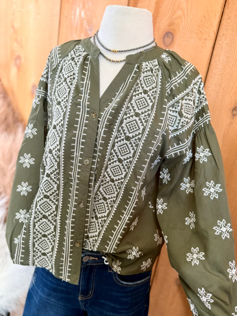 Aztec Embroidered Olive Top