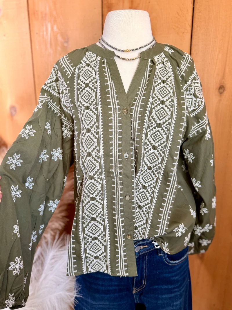 Aztec Embroidered Olive Top