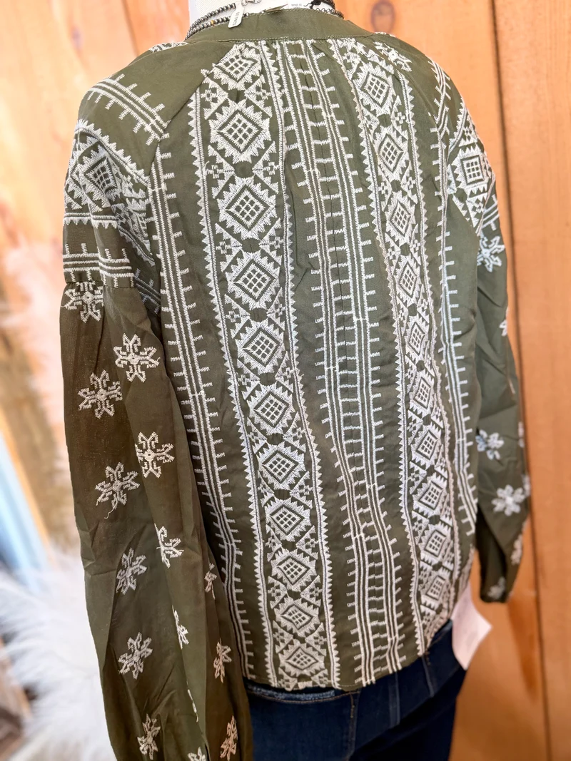 Aztec Embroidered Olive Top
