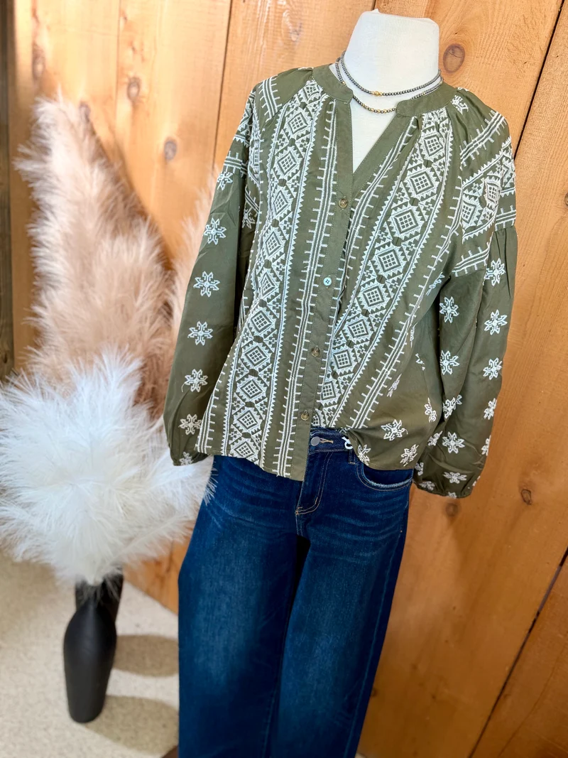 Aztec Embroidered Olive Top