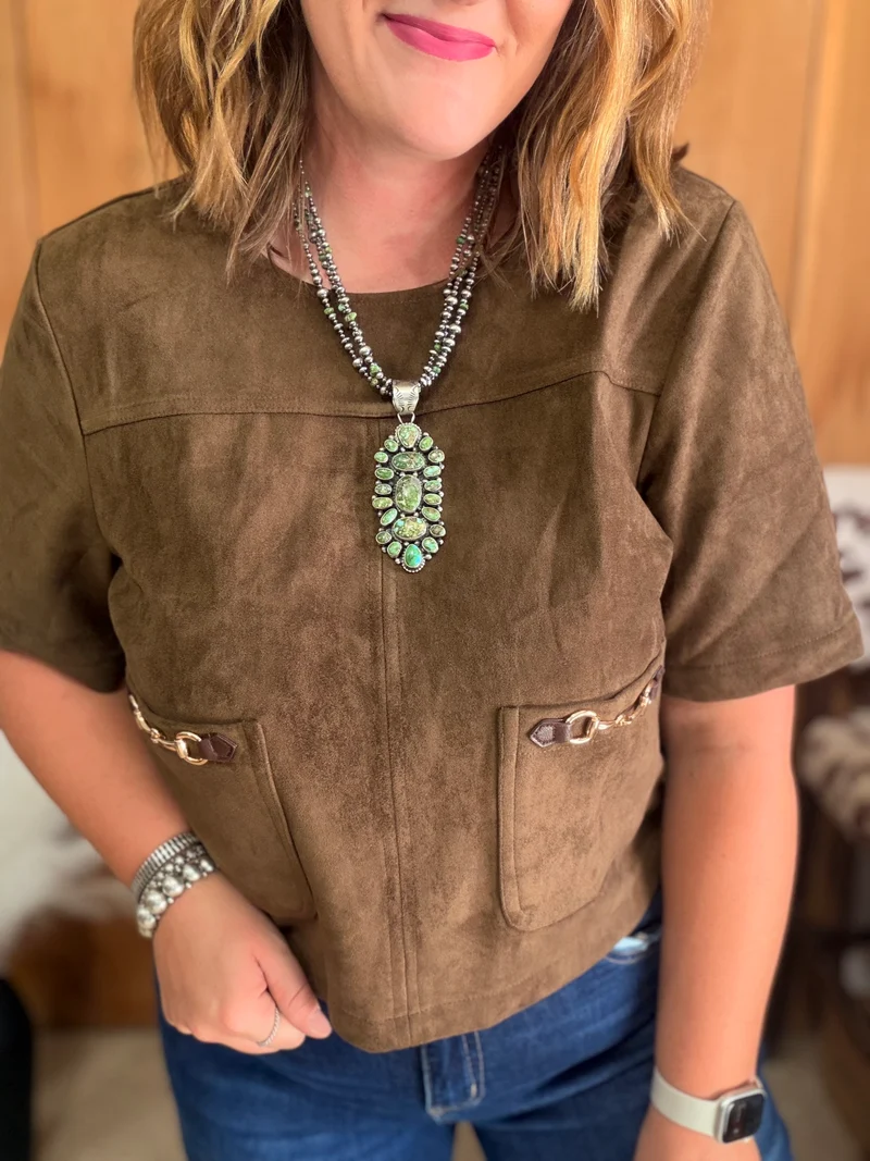 Brown Suede Horse Bit Pocket Detail Top