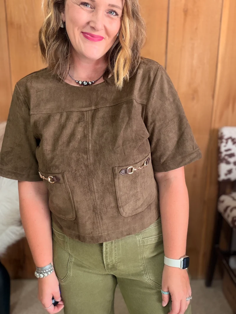 Brown Suede Horse Bit Pocket Detail Top