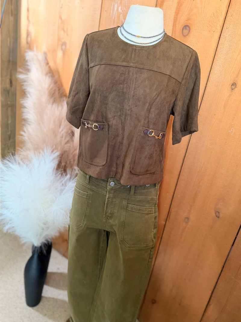 Brown Suede Horse Bit Pocket Detail Top