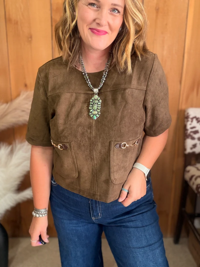 Brown Suede Horse Bit Pocket Detail Top