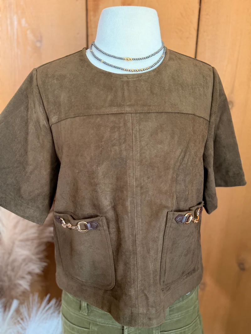 Brown Suede Horse Bit Pocket Detail Top