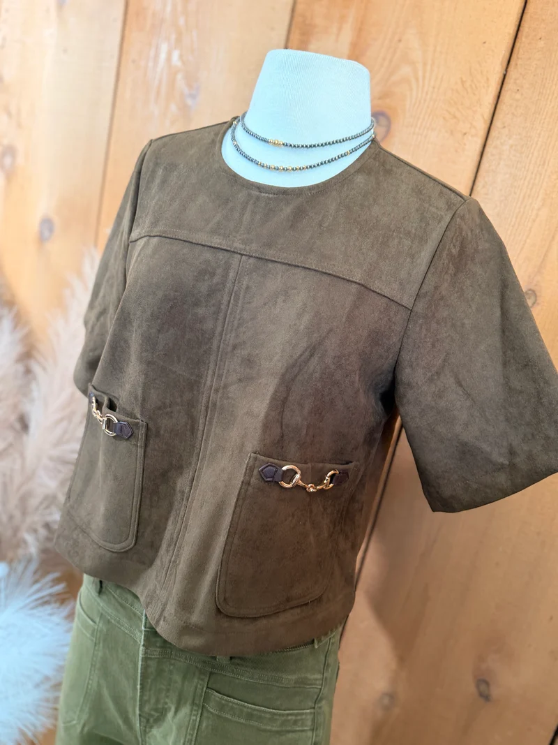 Brown Suede Horse Bit Pocket Detail Top