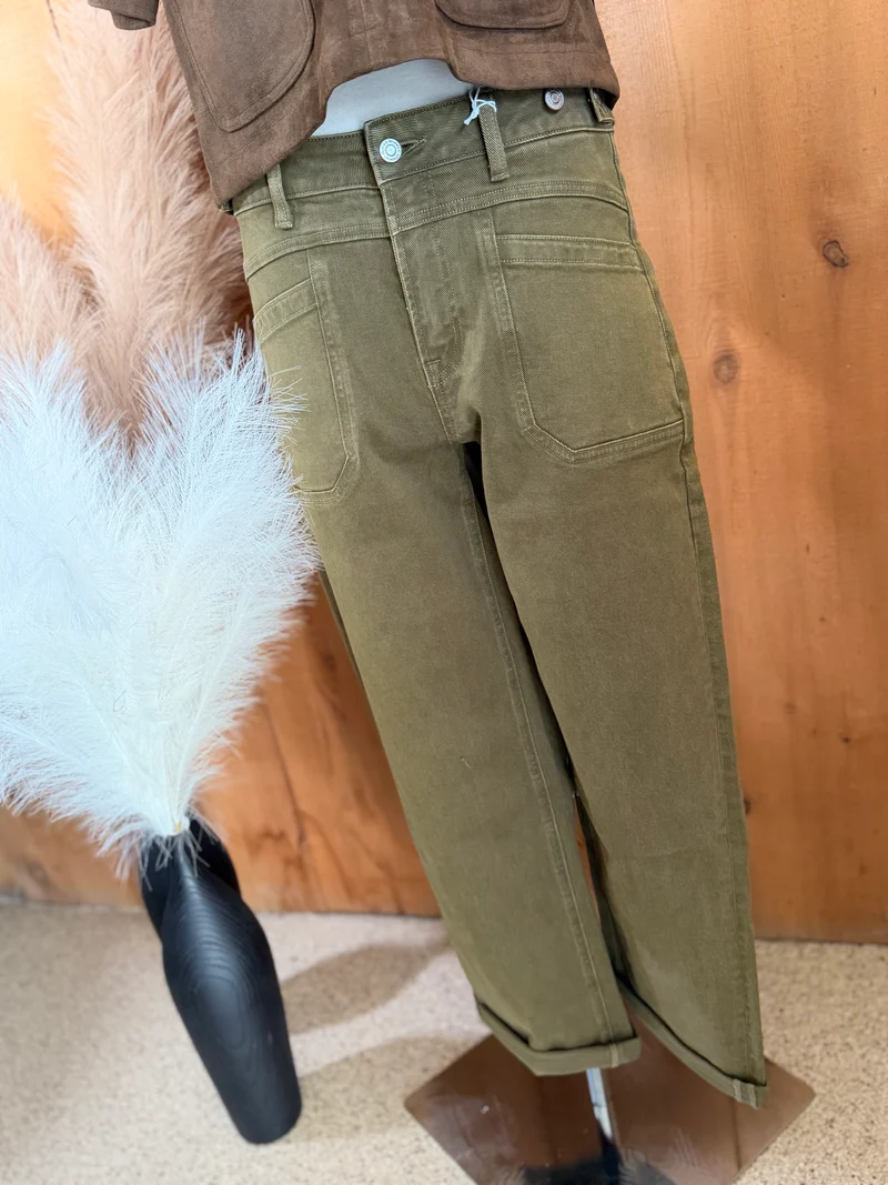Flying Monkey Olive Cuffed Cropped Jeans