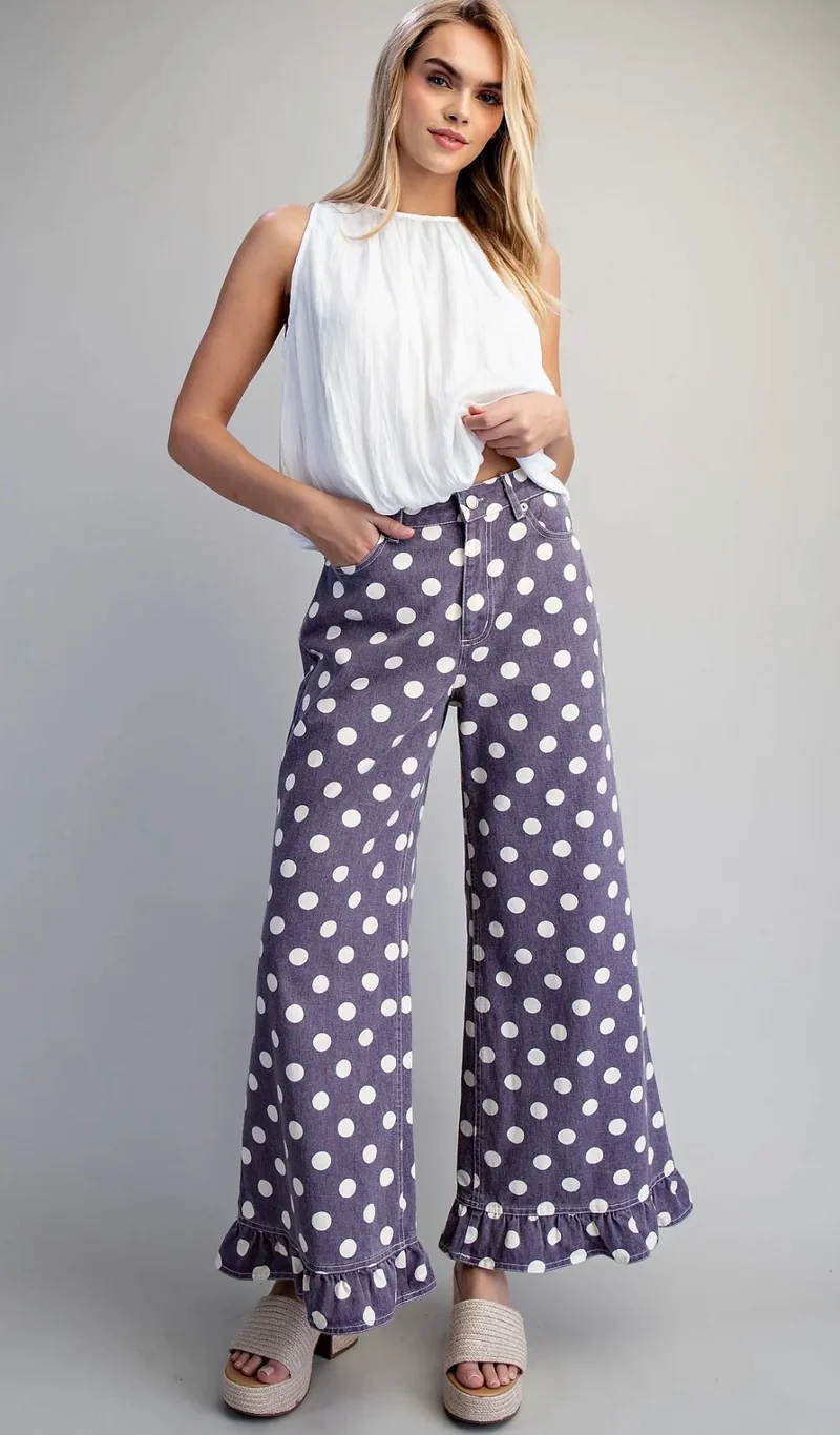 Purple Polka Dot Ruffle Hem Pants
