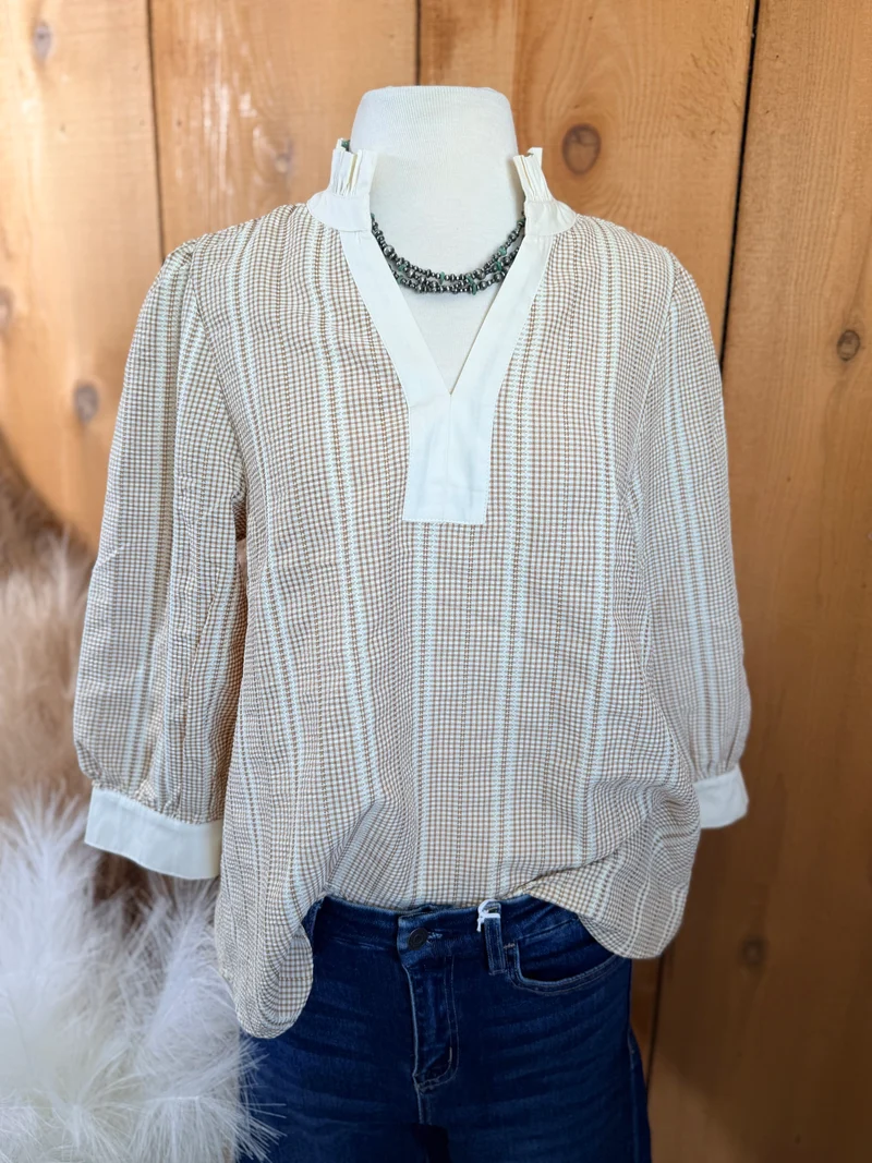 Taupe Textured Checks 3/4 Sleeve Top