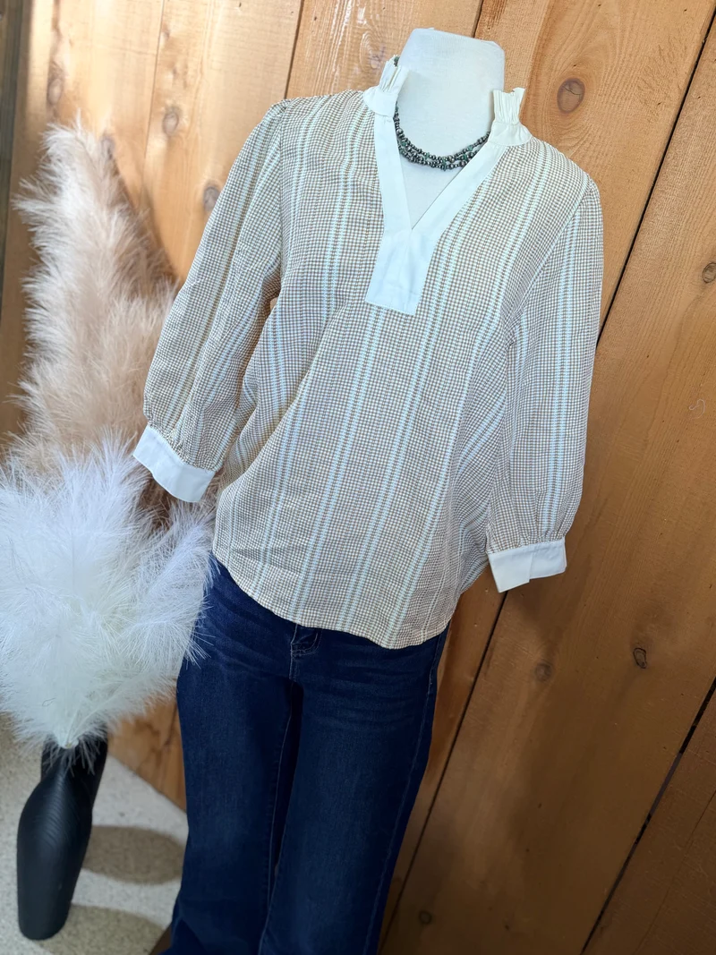 Taupe Textured Checks 3/4 Sleeve Top