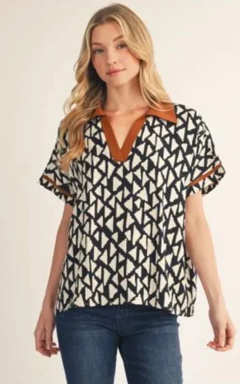 Black Abstract Print Top with Brown Collar