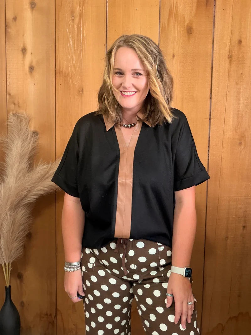 Faux Leather Contrast Collar Top