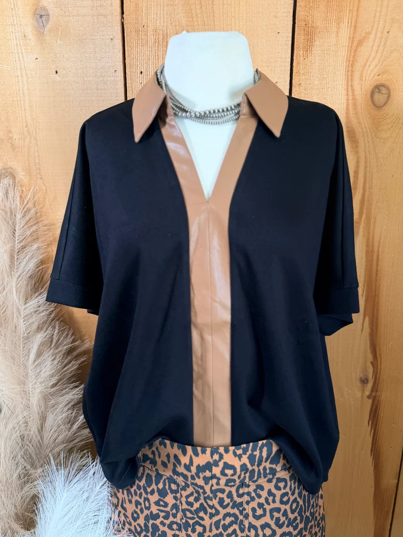 Faux Leather Contrast Collar Top