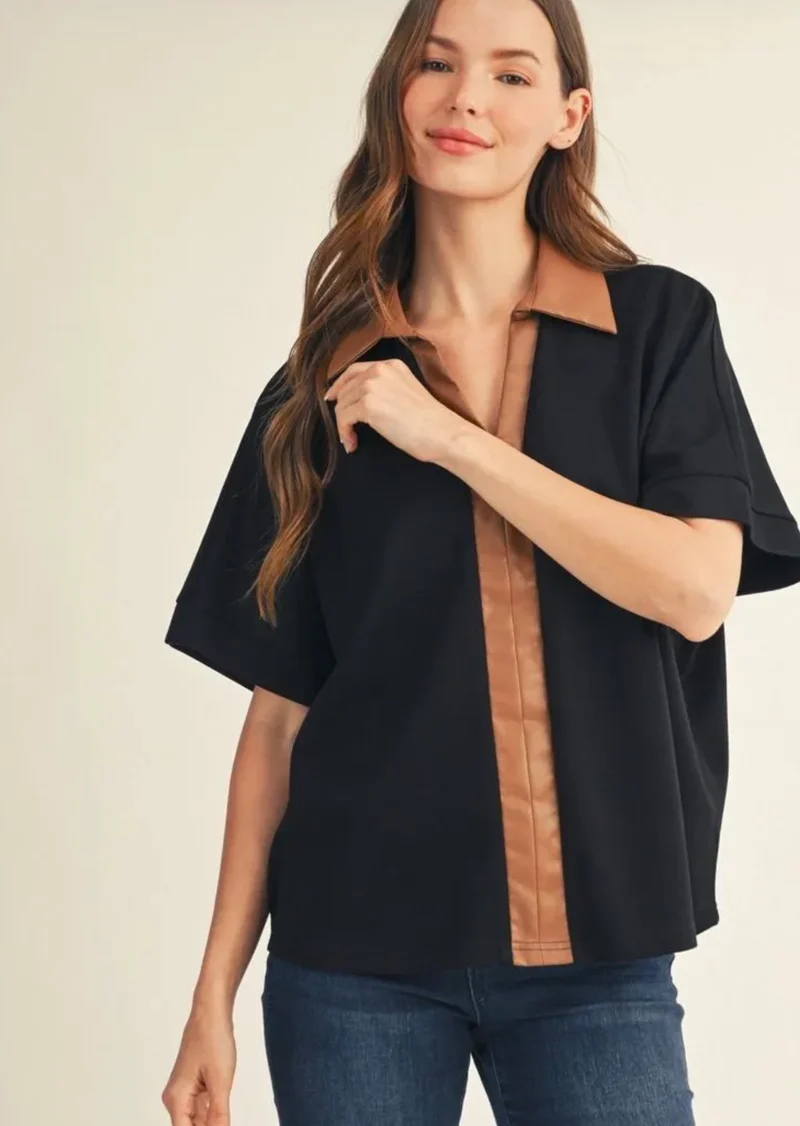 Faux Leather Contrast Collar Top
