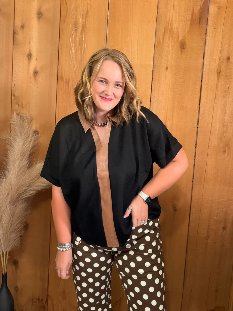 Faux Leather Contrast Collar Top