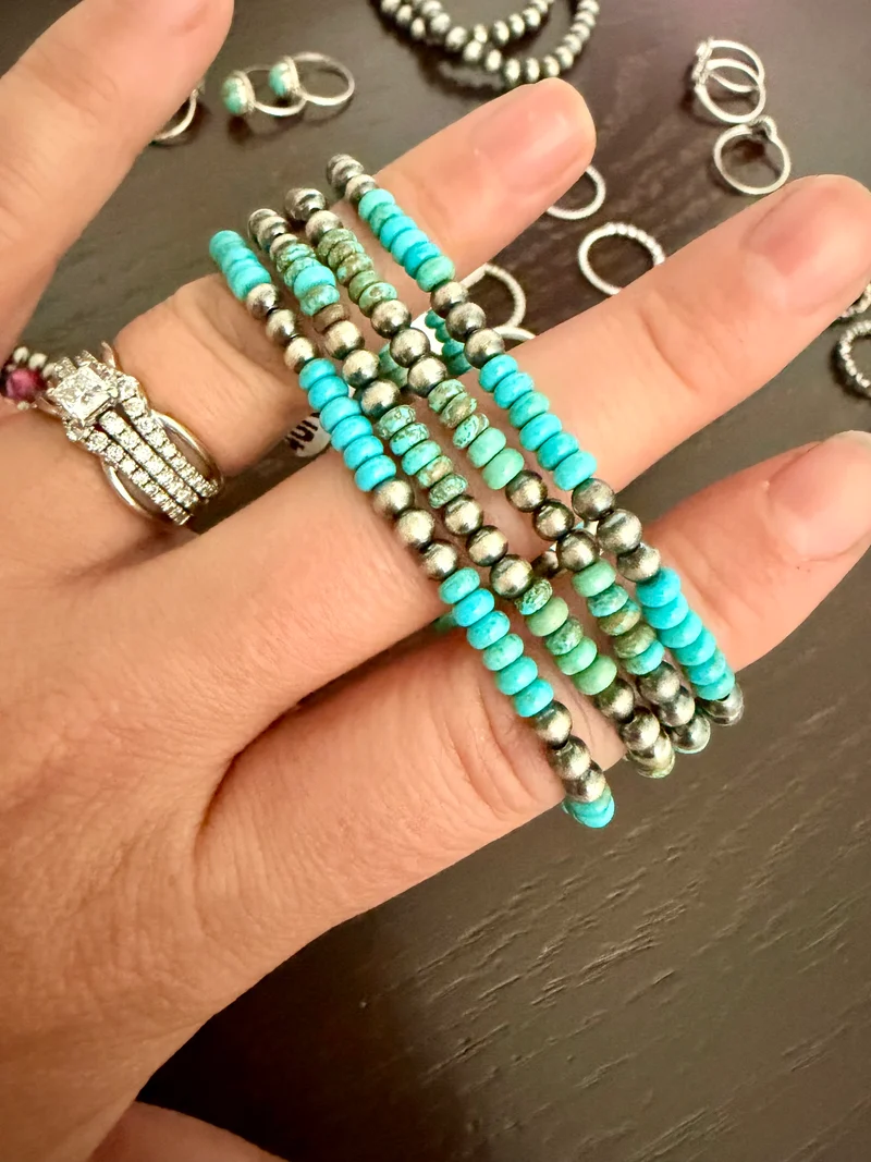 Turquoise Beads / Sterling Pearl Stretch Bracelets