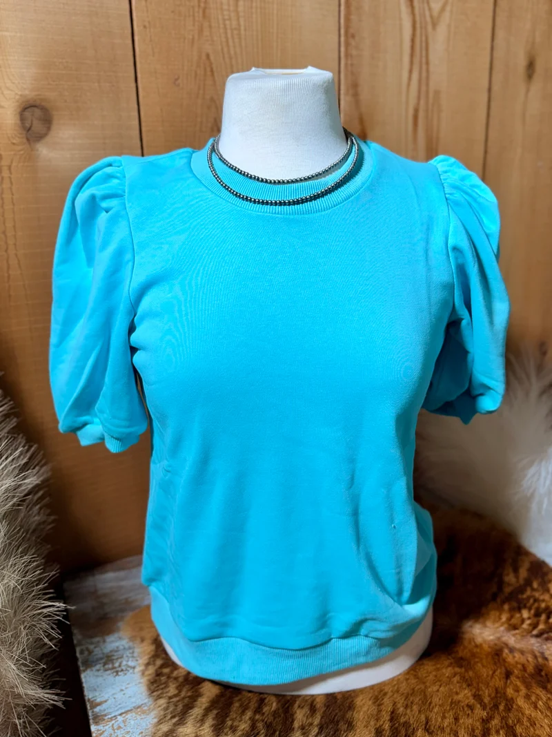 Aqua Puff Shoulder Crew Neck Top