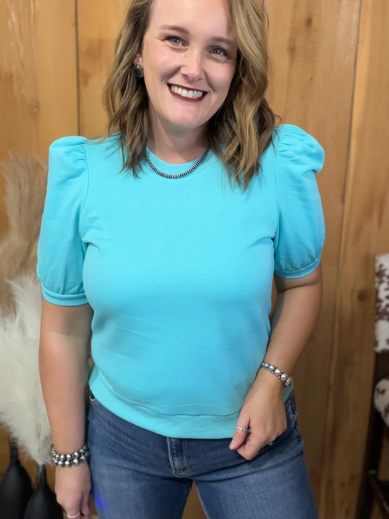 Aqua Puff Shoulder Crew Neck Top