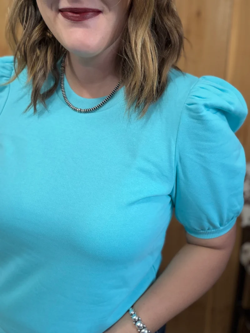 Aqua Puff Shoulder Crew Neck Top