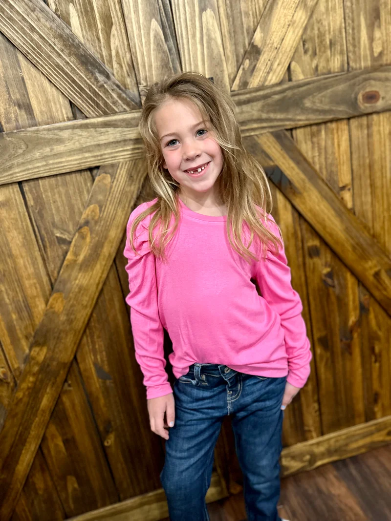 Girls Puff Shoudler Knit Top - Pink