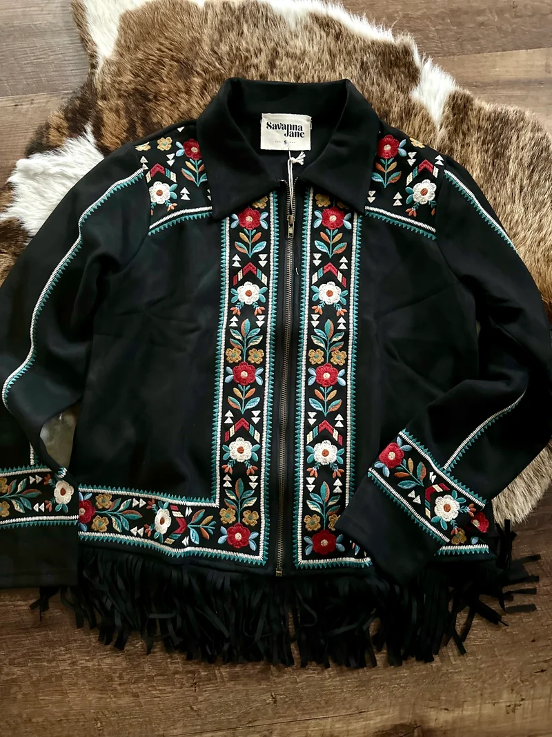 Black Embroidered Fringe Jacket