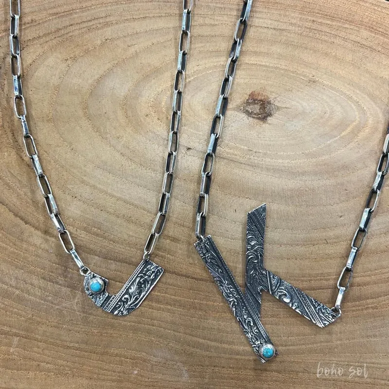 Turquoise Stone Box Chain Initial Necklace - Small Letter