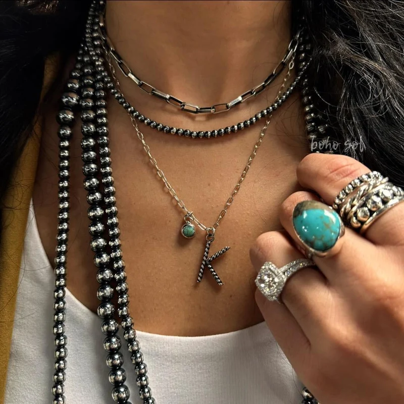 Cable Letter Necklace with Turquoise Stone