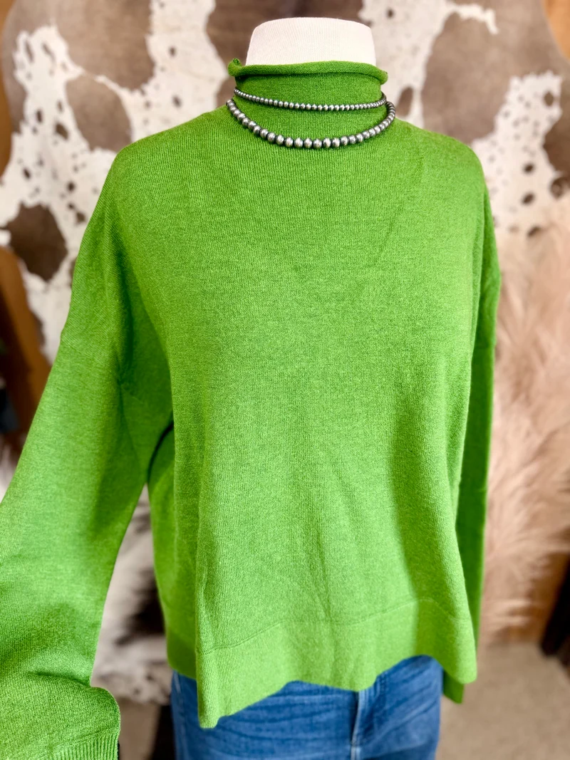 Green Mock Neck Lightweight Sweater