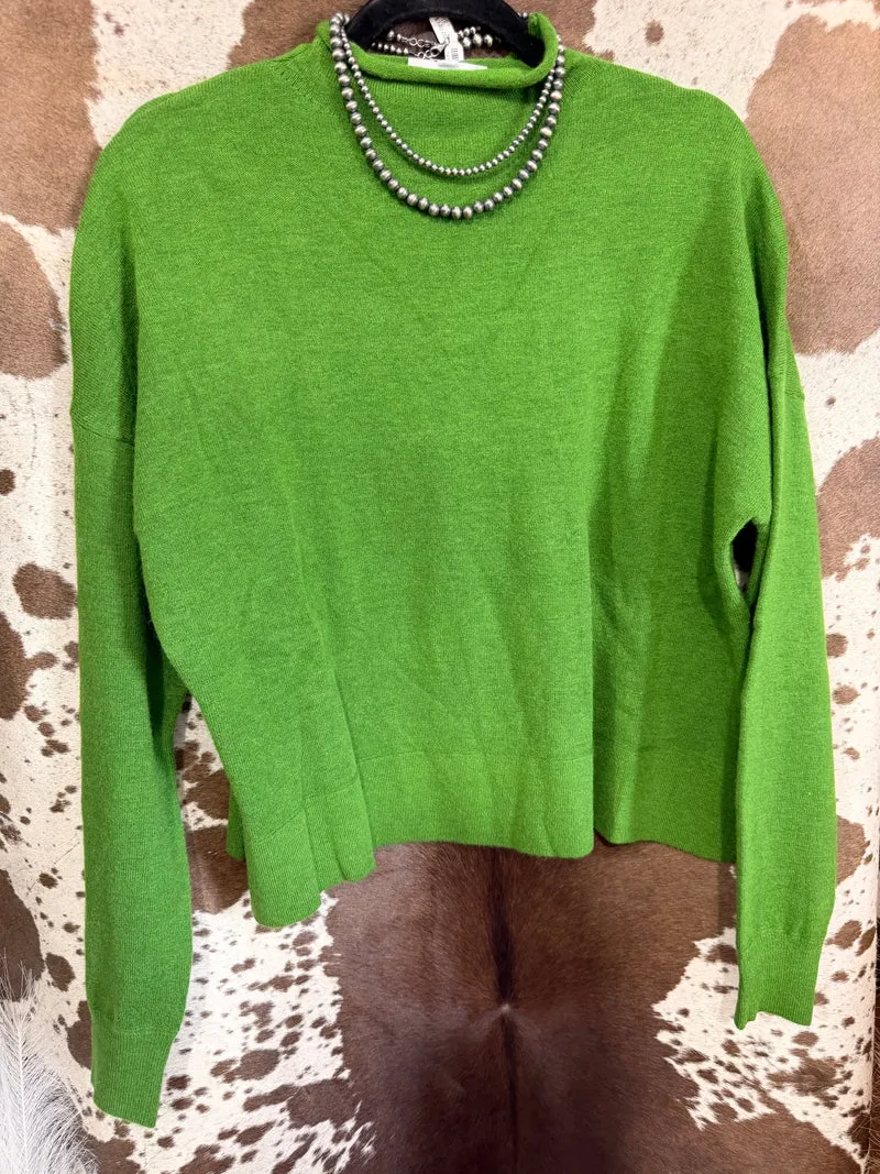 Green Mock Neck Lightweight Sweater