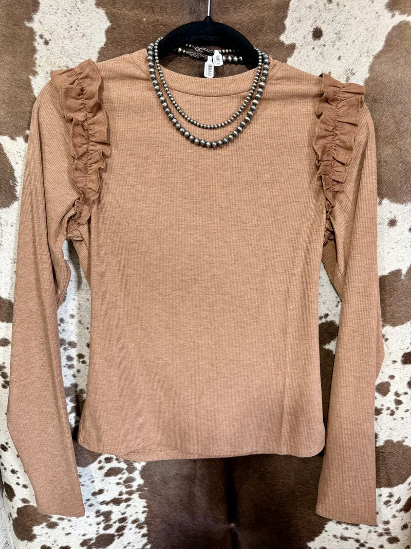 Taupe Ruffle Shoulder Ribbed Top