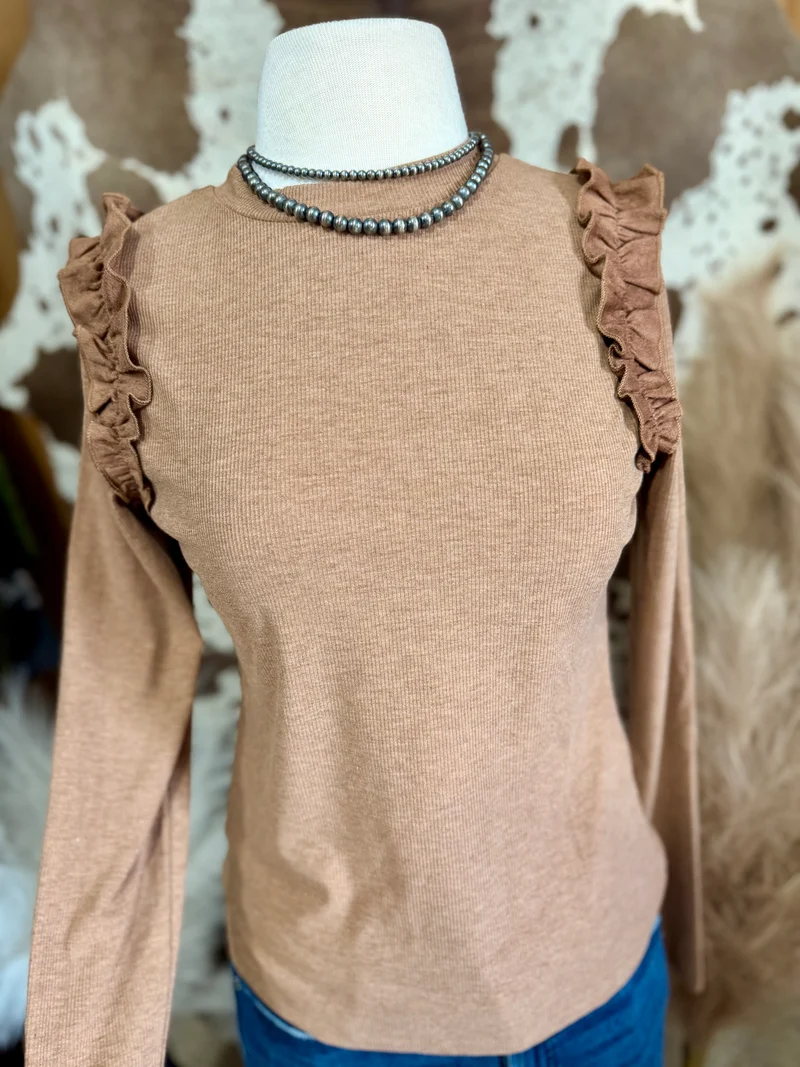 Taupe Ruffle Shoulder Ribbed Top