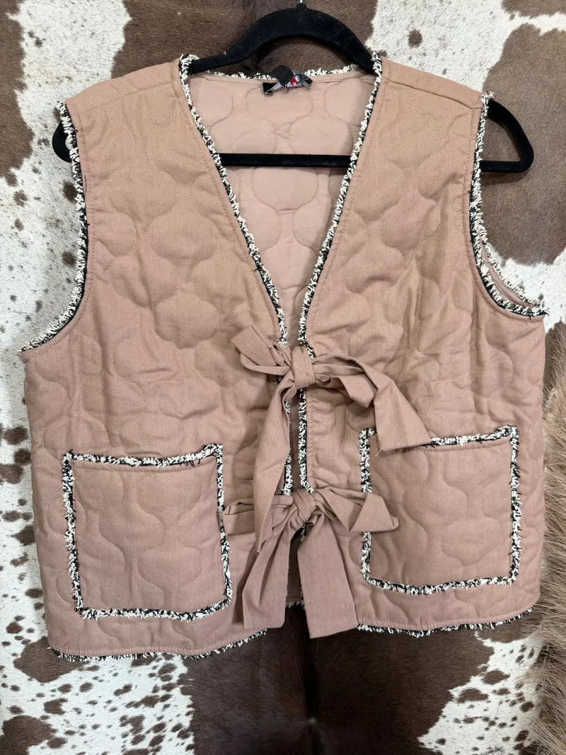 Mocha Frayed Hem Tie Vest