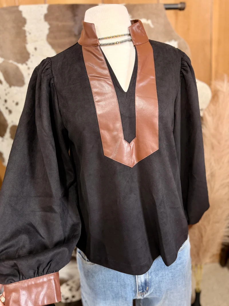 Black Suede Pleather Trim Top