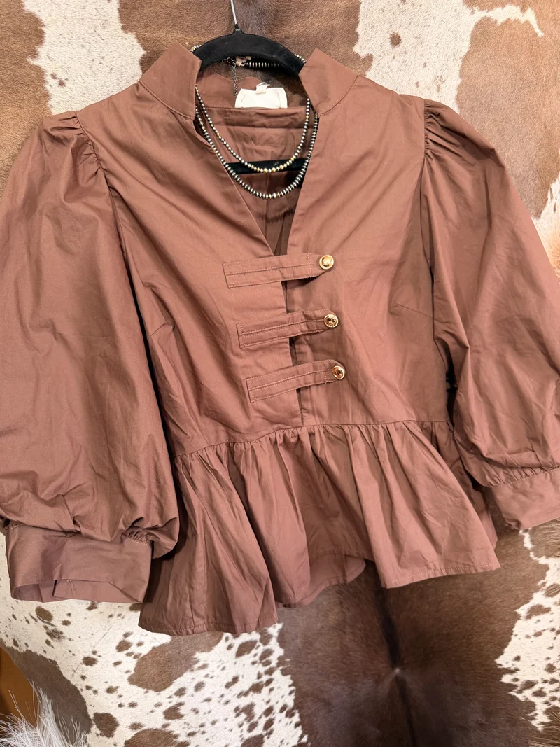 Brown Peplum Gold Button Top