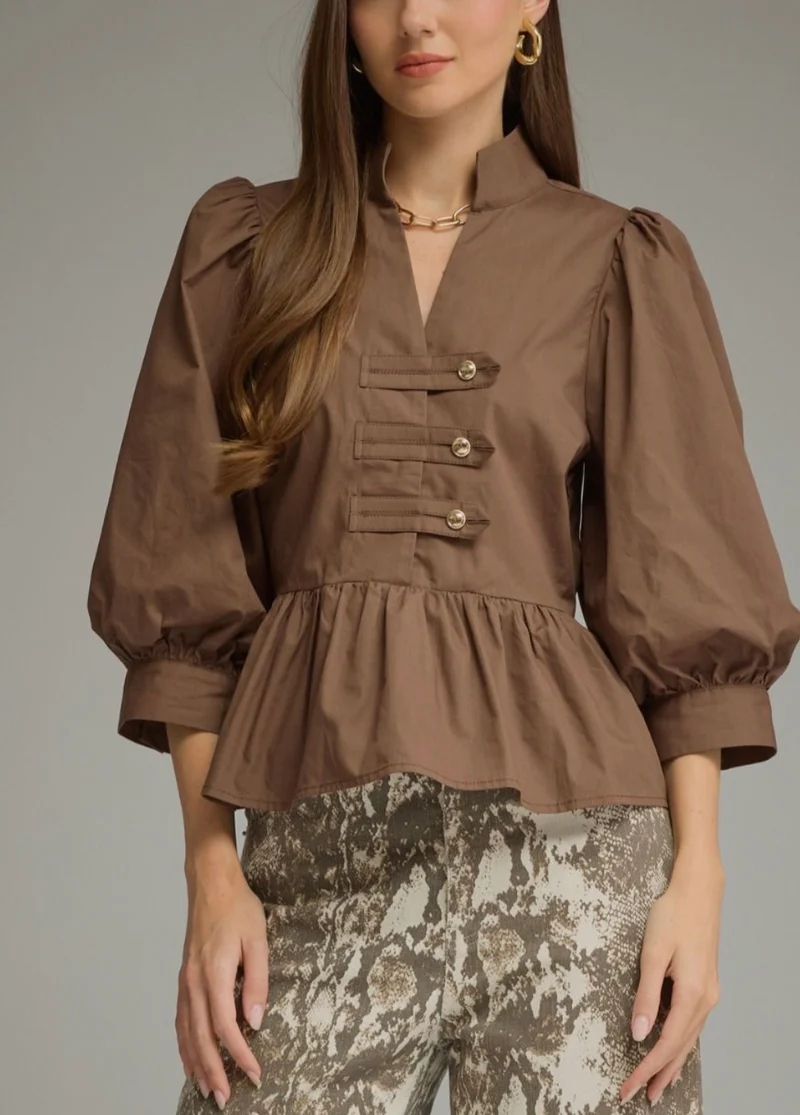 Brown Peplum Gold Button Top