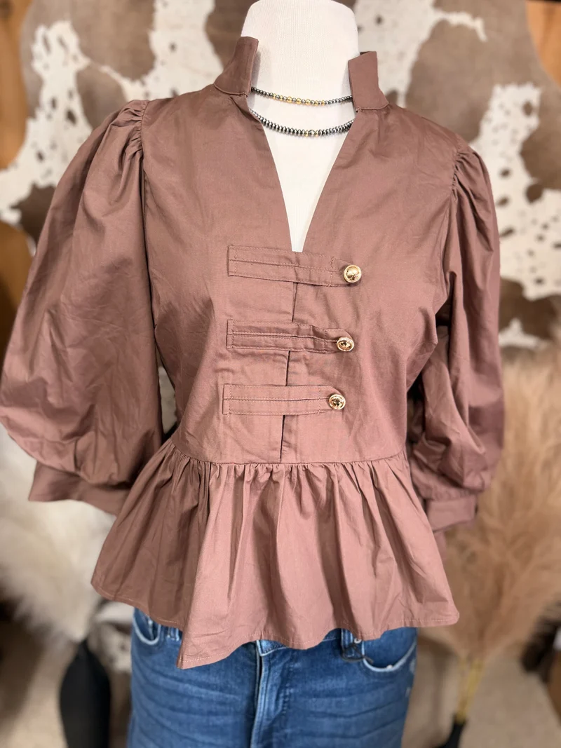 Brown Peplum Gold Button Top