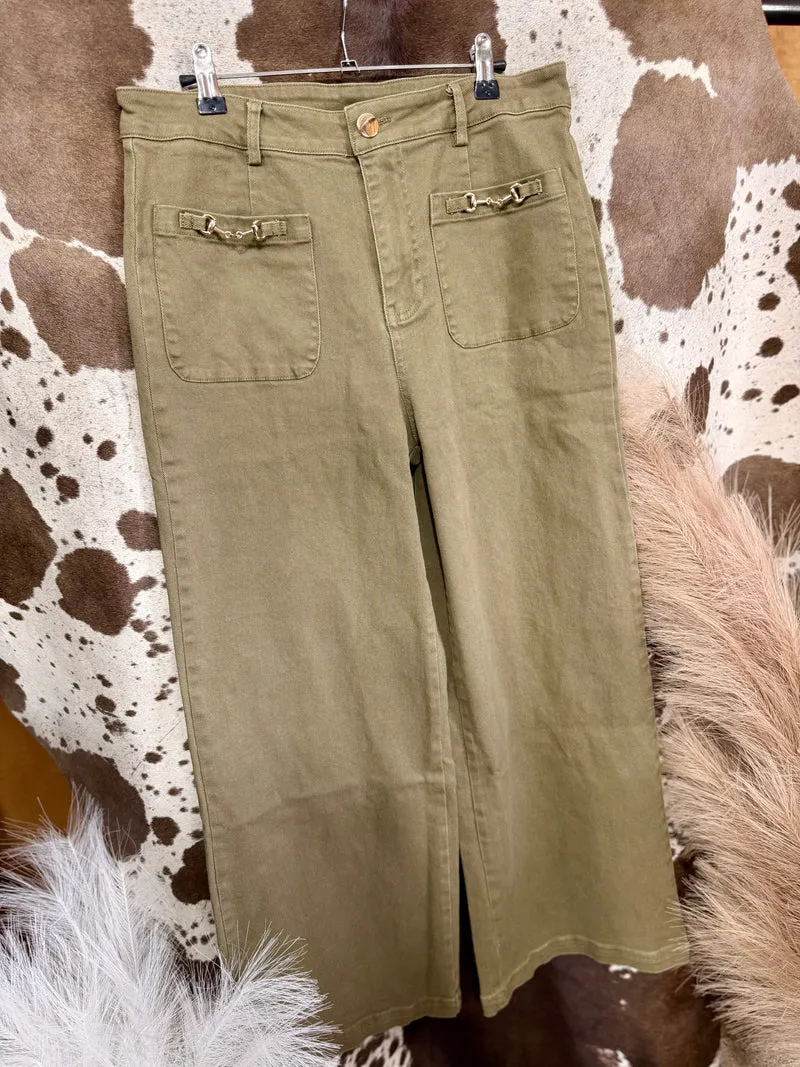 Olive Wide Leg Horse Bit Jeans