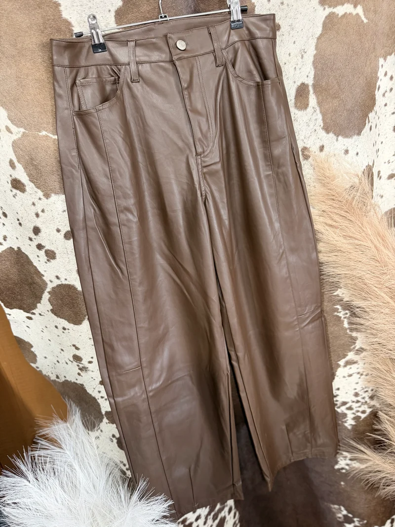 Brown Pleather Wide Leg Pants