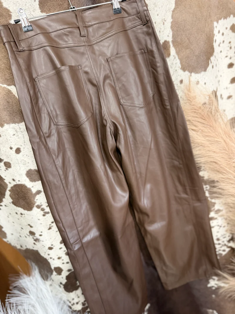 Brown Pleather Wide Leg Pants