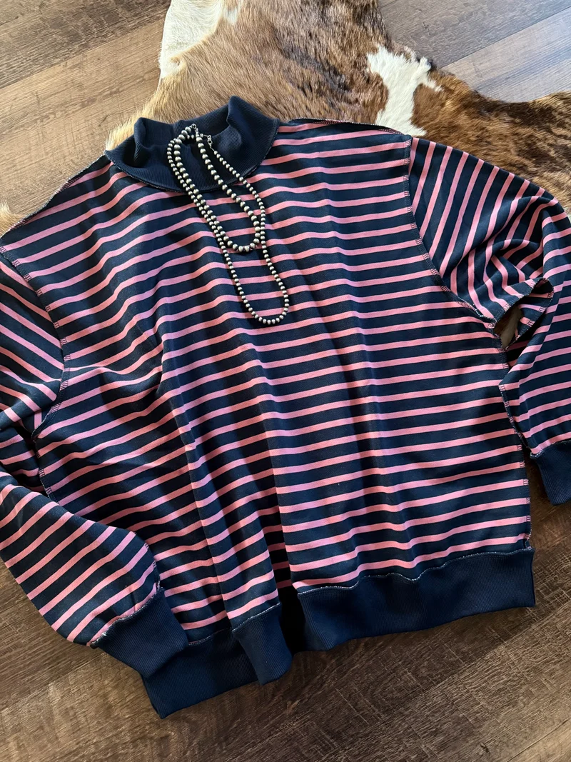 Navy/Mauve Striped Mock Neck Sweatshirt Top