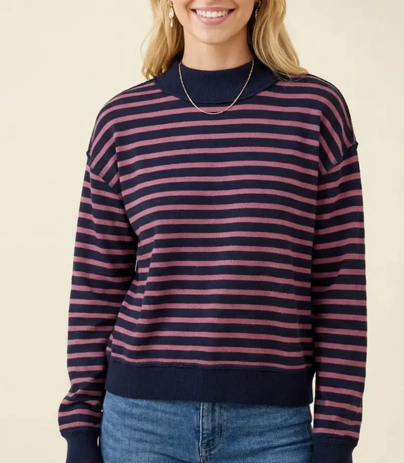 Navy/Mauve Striped Mock Neck Sweatshirt Top