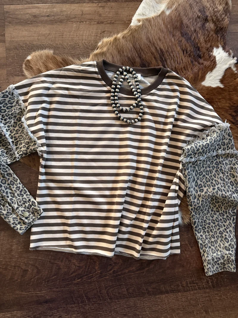 Brown Striped Leopard Sleeve Top