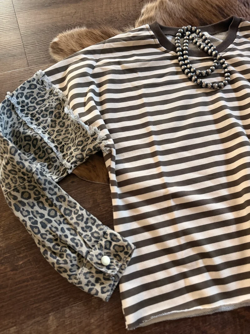Brown Striped Leopard Sleeve Top