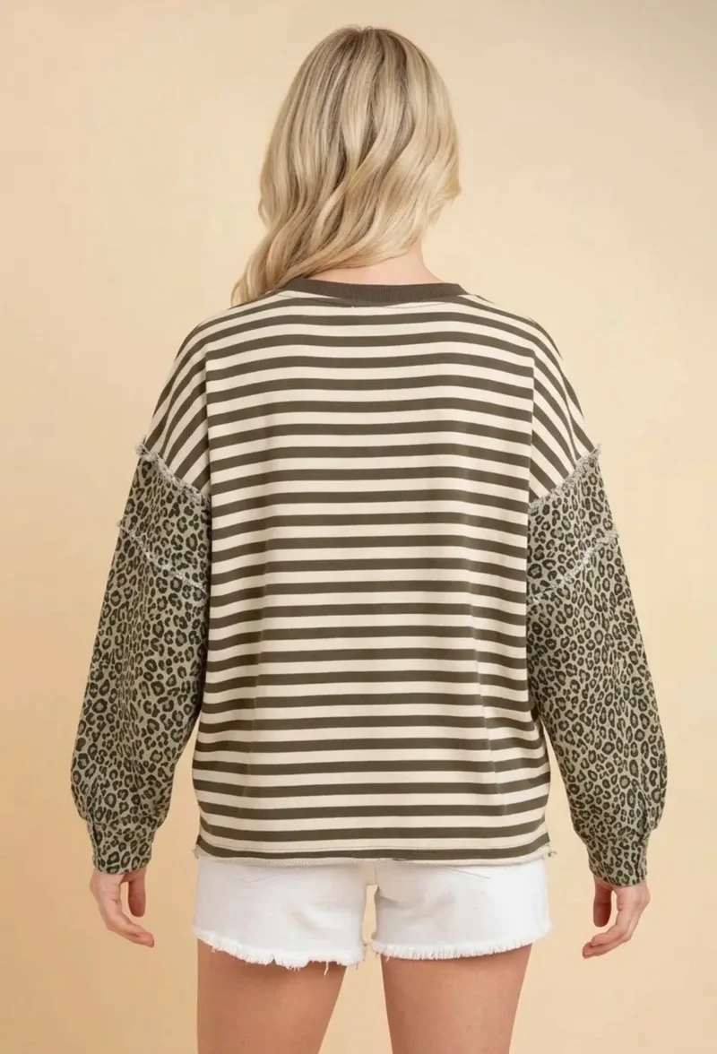 Brown Striped Leopard Sleeve Top